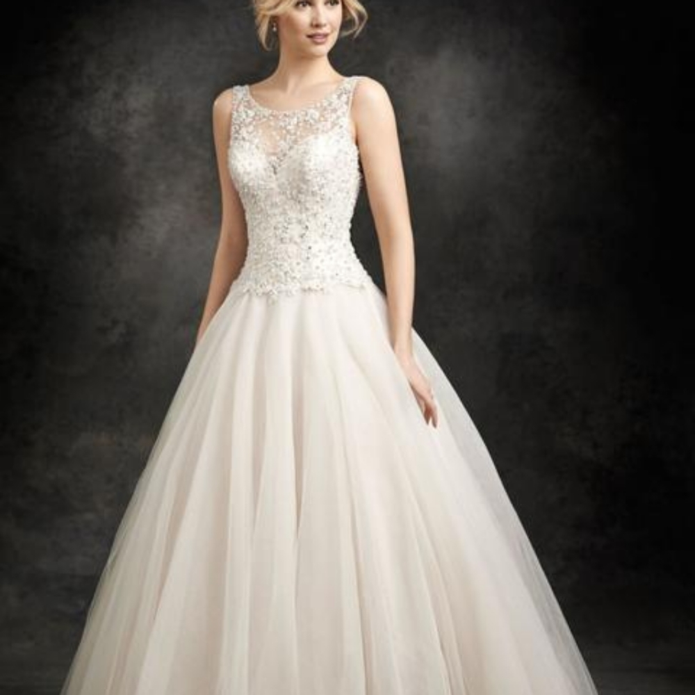 Ella Rosa BE240 Champagne 18 Drop Waist Beaded Ballgown Wedding Dress